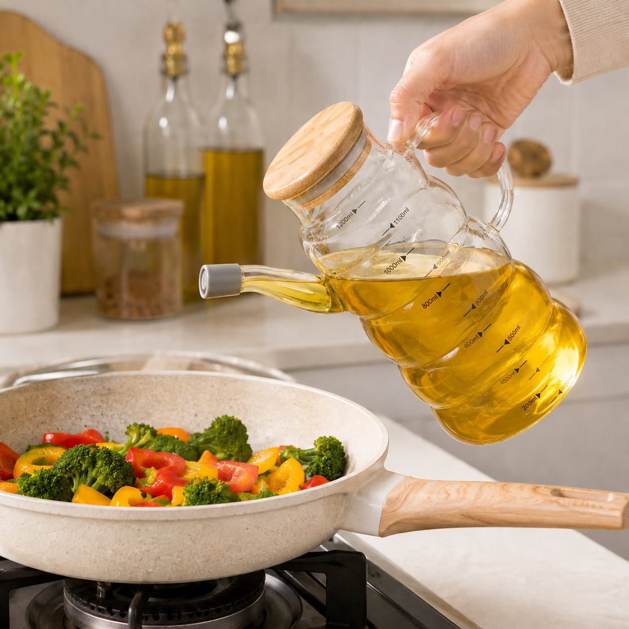 1.2L Glass Oil Jug with Airtight Wooden Lid & Precision Pour Stopper - All-In-One Store Pakistan