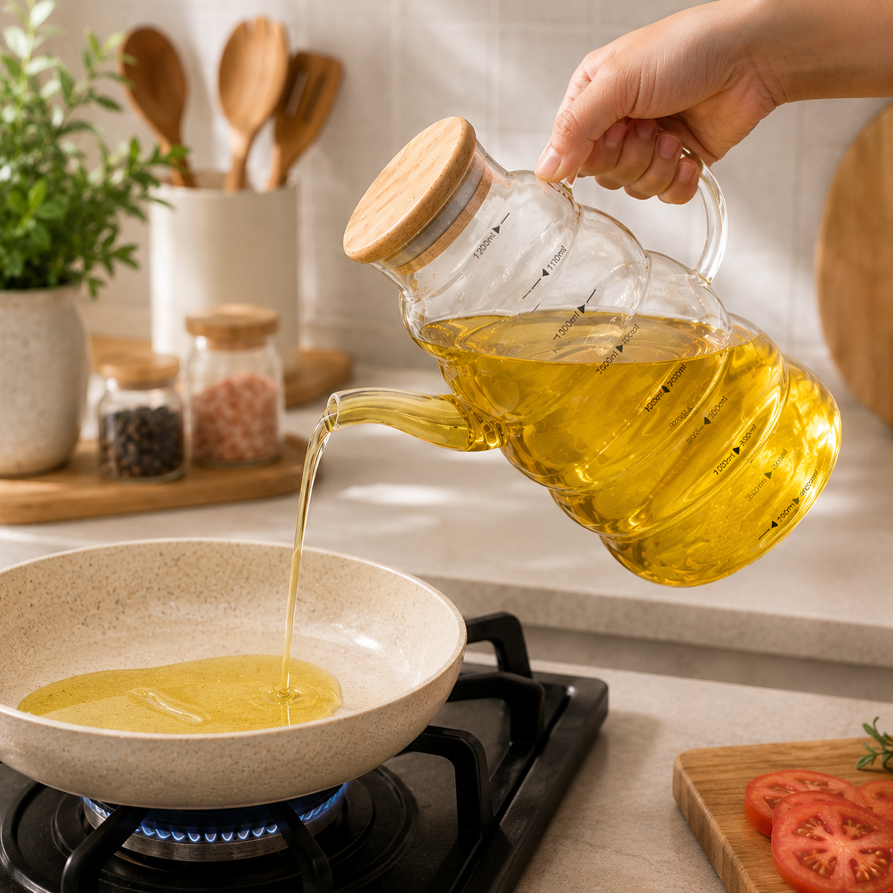 1.2L Glass Oil Jug with Airtight Wooden Lid & Precision Pour Stopper - All-In-One Store Pakistan