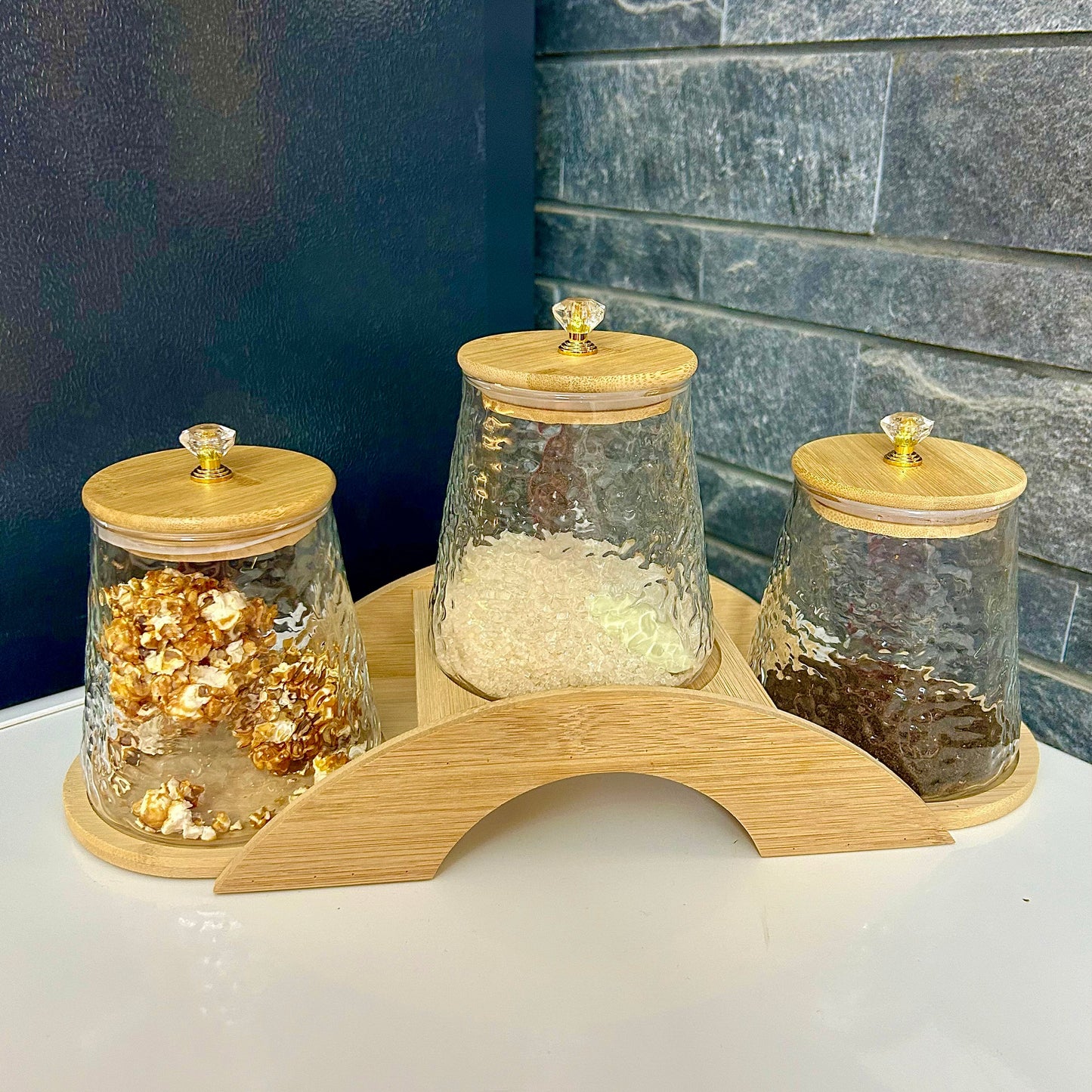 Decorative Bridge-Design Jar Trio with Natural Wooden Stand (1101) - All-In-One Store Pakistan