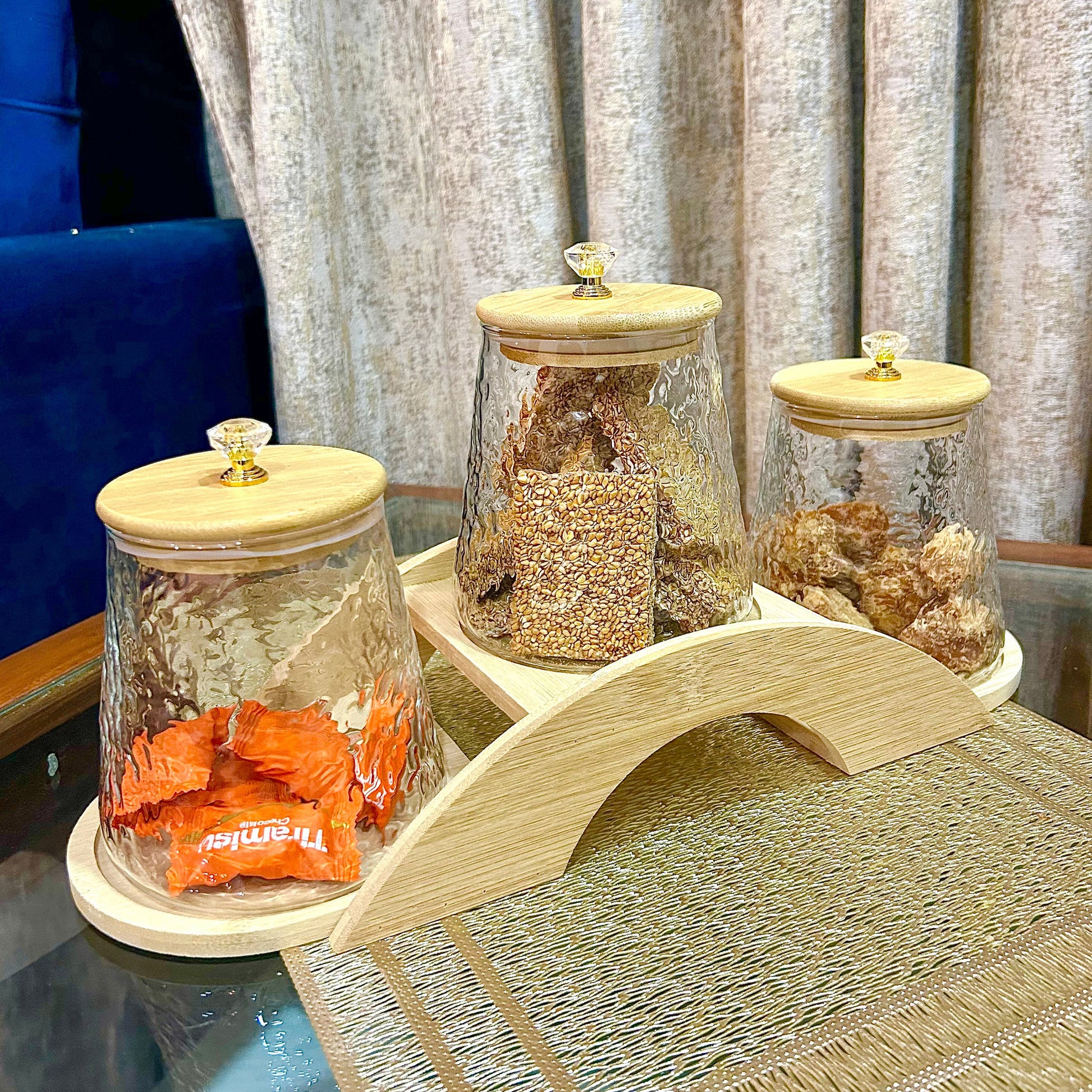 Decorative Bridge-Design Jar Trio with Natural Wooden Stand (1101) - All-In-One Store Pakistan