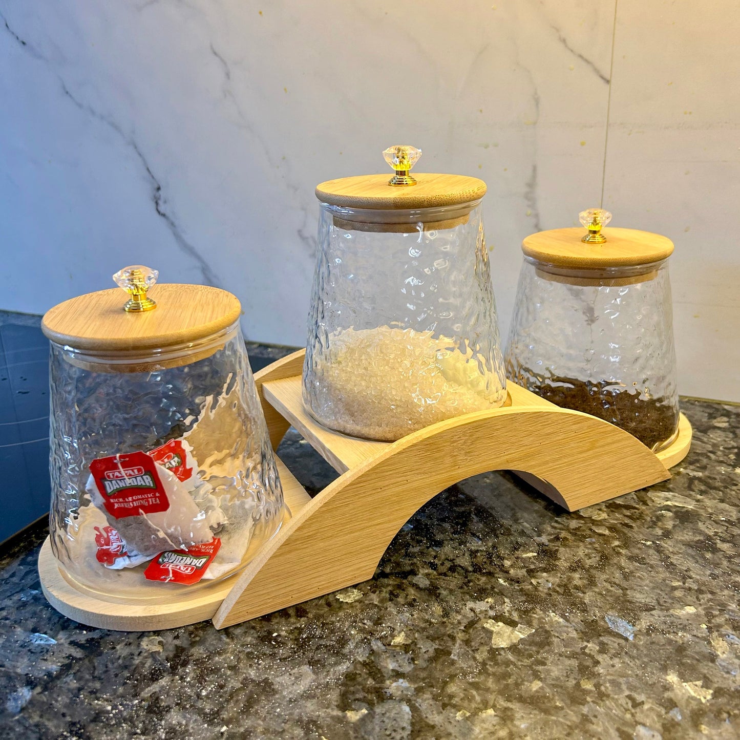 Decorative Bridge-Design Jar Trio with Natural Wooden Stand (1101) - All-In-One Store Pakistan