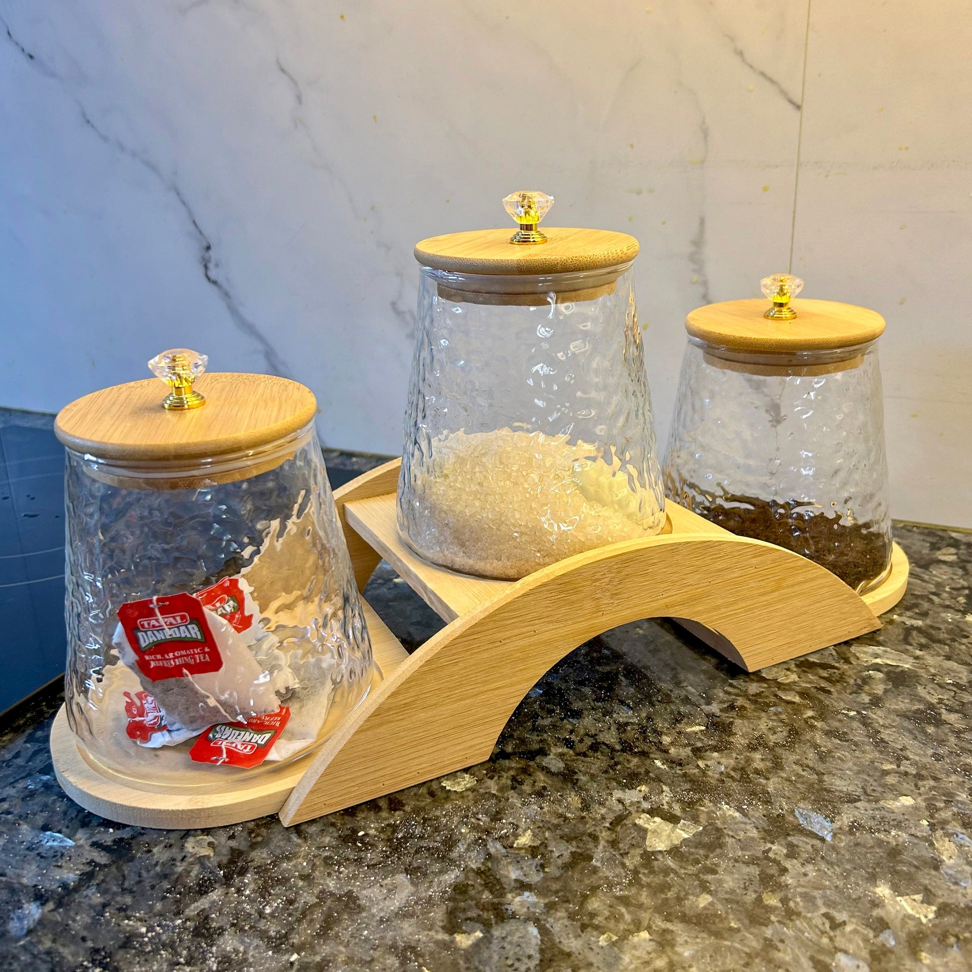 Decorative Bridge-Design Jar Trio with Natural Wooden Stand (1101) - All-In-One Store Pakistan