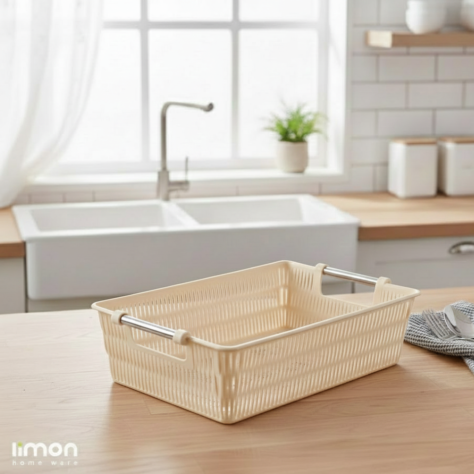Multipurpose Rectangle Bamboo Basket with Steel Handles by Limon - All-In-One Store Pakistan
