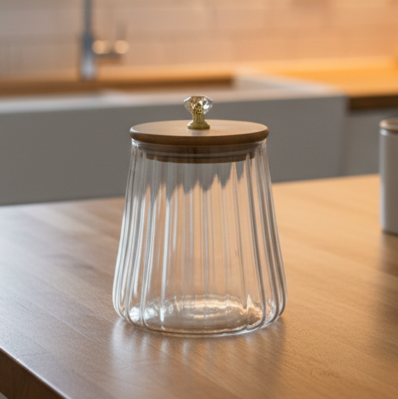 Ribbed Airtight Glass Jar with Bamboo Lid & Crystal Knob - All-In-One Store Pakistan