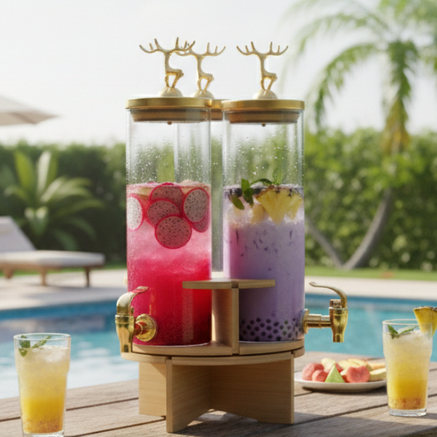 3-Pcs TintedGlass Round Beverage Dispenser Set with Rotatable Wooden Stand (1147) - All-In-One Store Pakistan