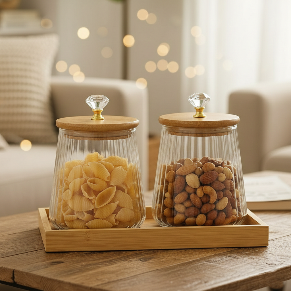 OakNest Glass Canister Set with Wooden Tray (1115) - All-In-One Store Pakistan