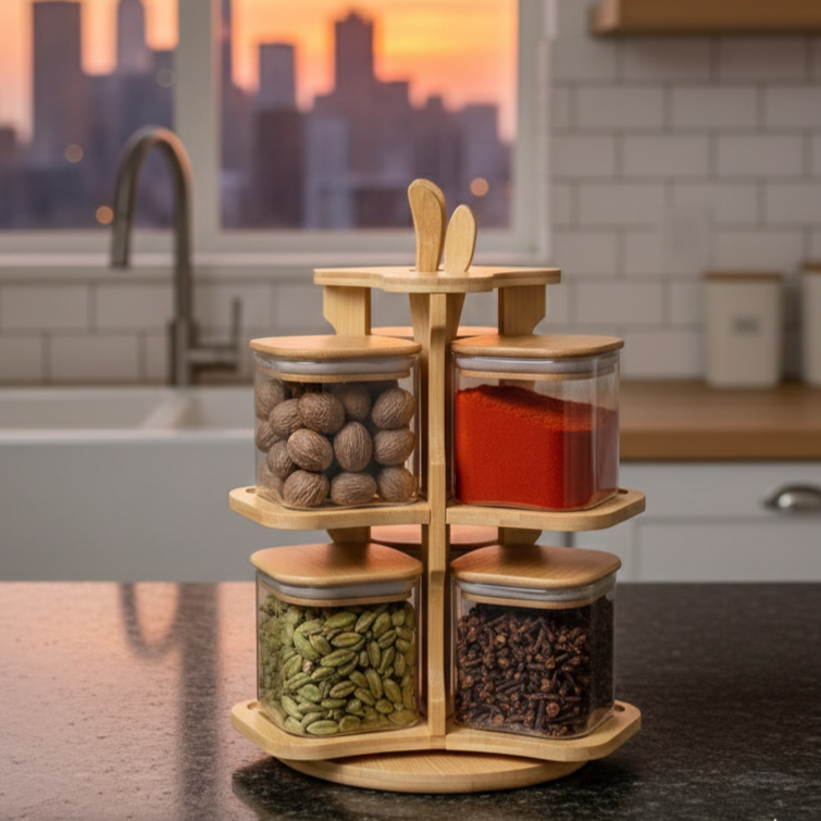 360° Bamboo & Glass Culinary Carousel with Square Jars (1135) - All-In-One Store Pakistan