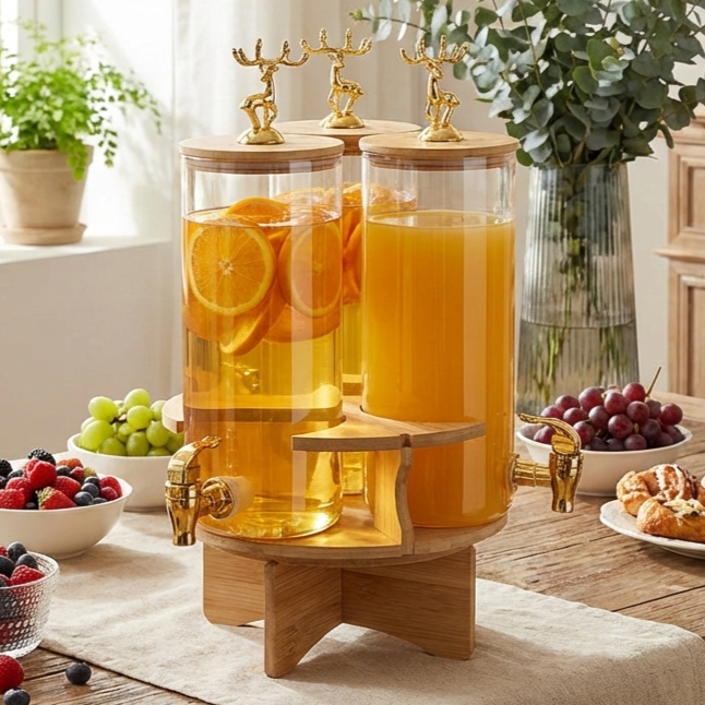 3-Pcs TintedGlass Round Beverage Dispenser Set with Rotatable Wooden Stand (1147) - All-In-One Store Pakistan