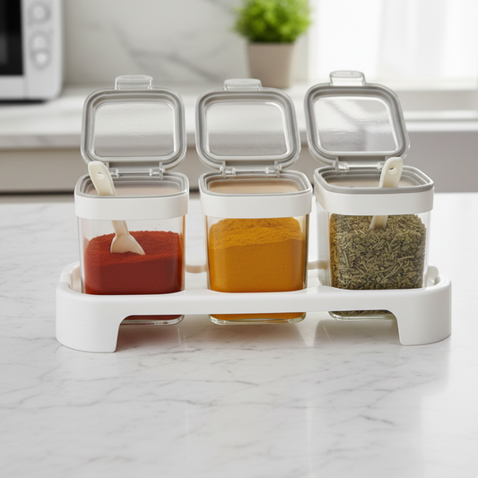 Rectangle 3-Pcs Glass Spice Jars with Plastic Lid & Stand - All-In-One Store Pakistan