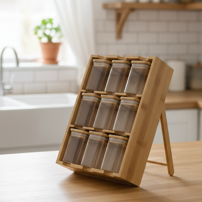 The Spice Slope: 9-Jar Fixed-Angle Bamboo & Glass Gallery (1132) - All-In-One Store Pakistan