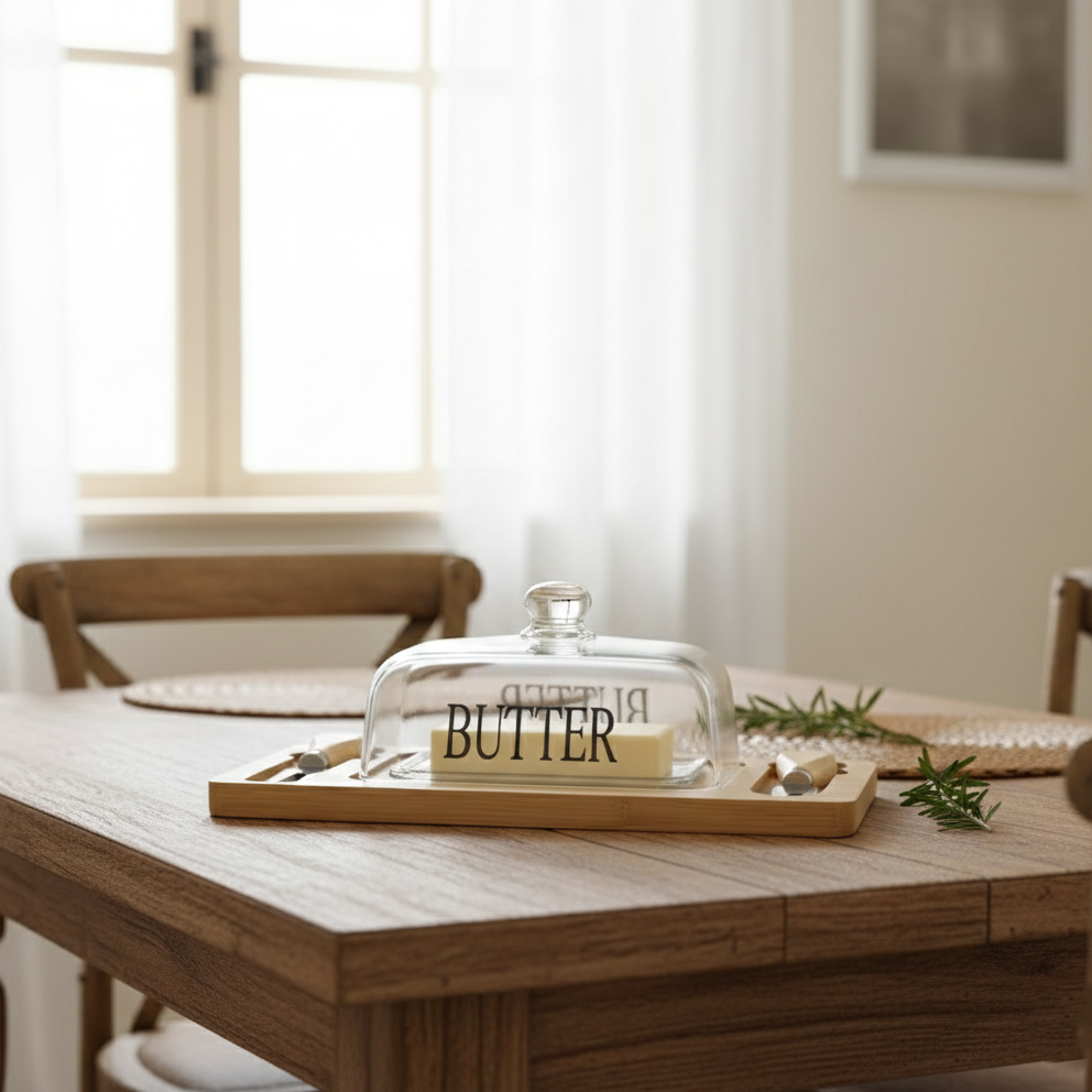Glass Butter Dish with Bamboo Base & Dual Knives - All-In-One Store Pakistan