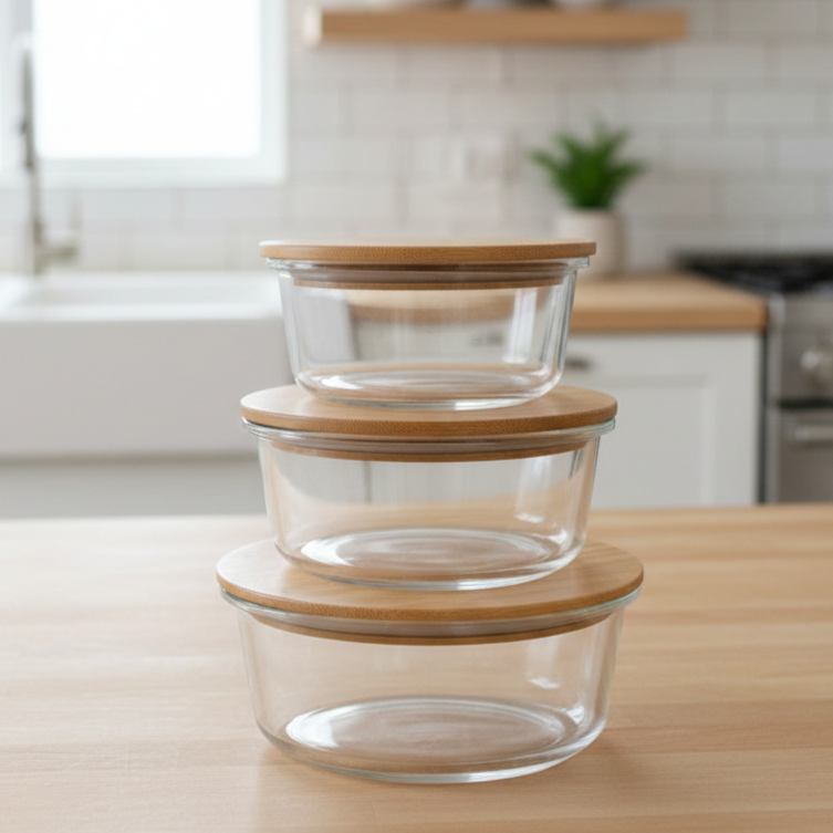 3Pcs Airtight Bamboo-Lid Glass Bowls Set (1145) – Round - All-In-One Store Pakistan