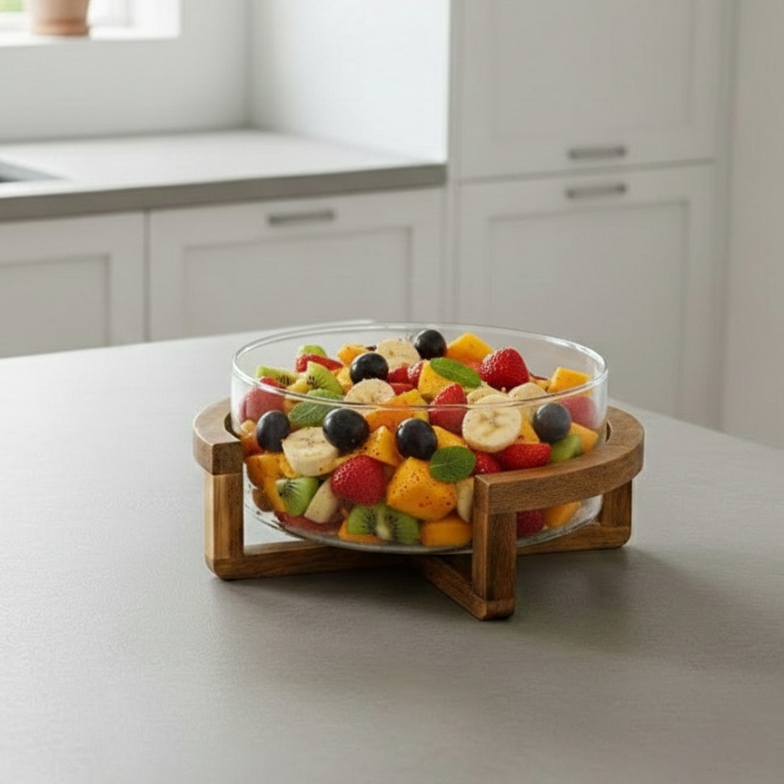 Classy Glass Serving Bowl with Wood Stand (1153) - All-In-One Store Pakistan
