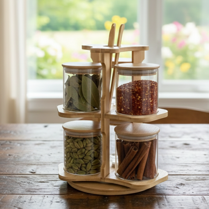 360° Bamboo & Glass Culinary Carousel with Round Jars (1134) - All-In-One Store Pakistan