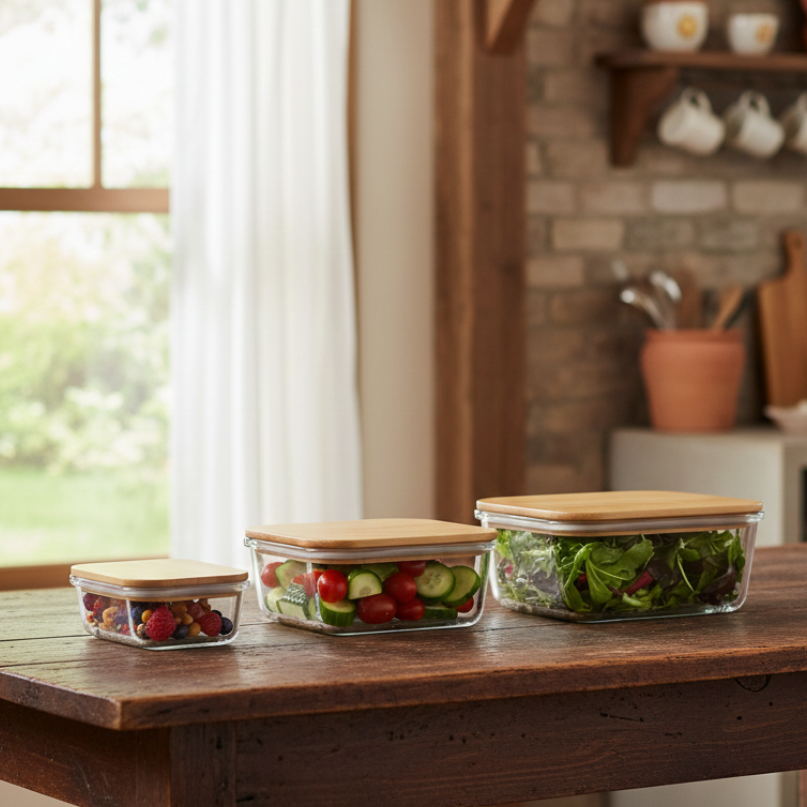 3Pcs Airtight Bamboo-Lid Glass Bowls Set (1146) – Rectangle - All-In-One Store Pakistan