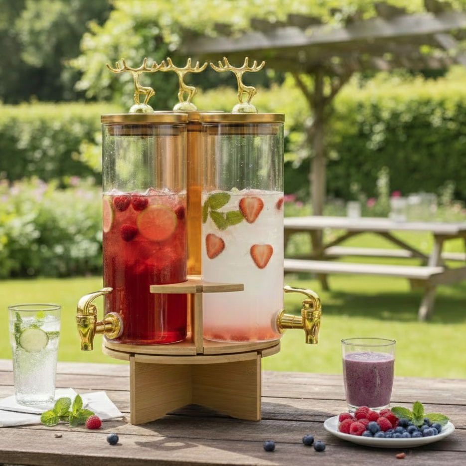 3-Pcs TintedGlass Round Beverage Dispenser Set with Rotatable Wooden Stand (1147) - All-In-One Store Pakistan