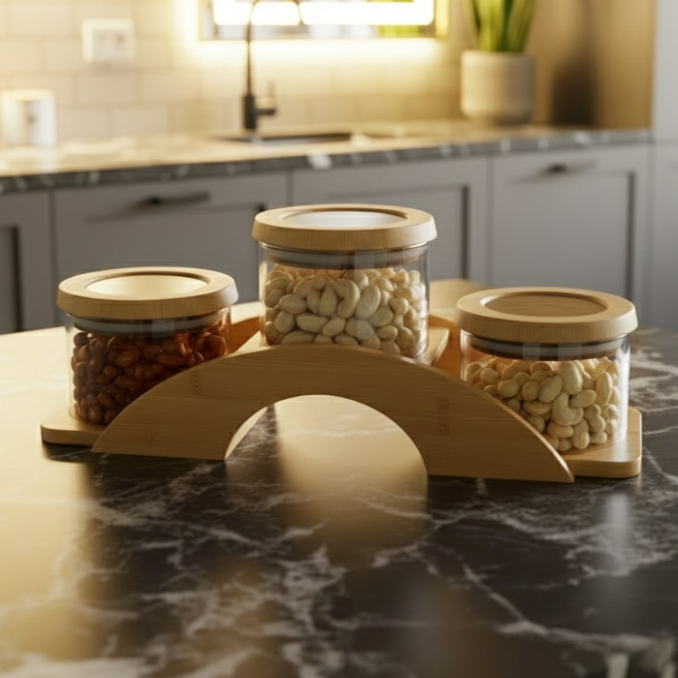 Bamboo Bridge with Round Glass Jars - All-In-One Store Pakistan