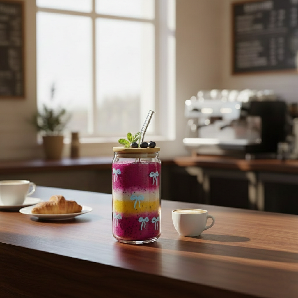 Printed Bow Glass Tumbler with Straw - All-In-One Store Pakistan