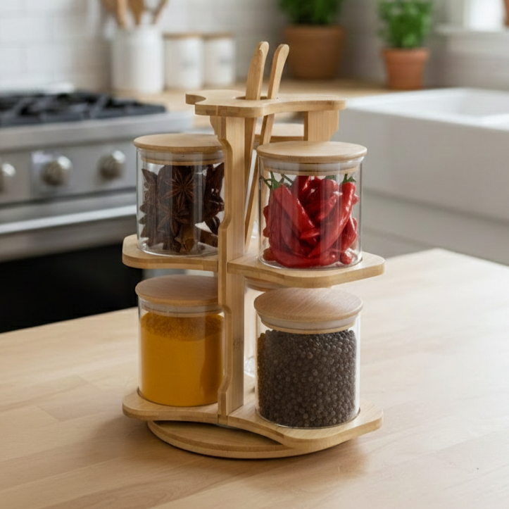 360° Bamboo & Glass Culinary Carousel with Round Jars (1134) - All-In-One Store Pakistan