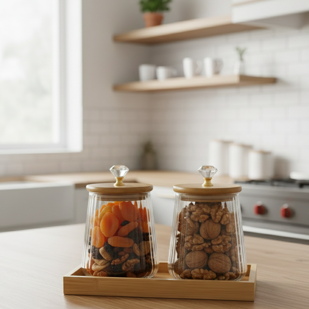 OakNest Glass Canister Set with Wooden Tray (1115) - All-In-One Store Pakistan