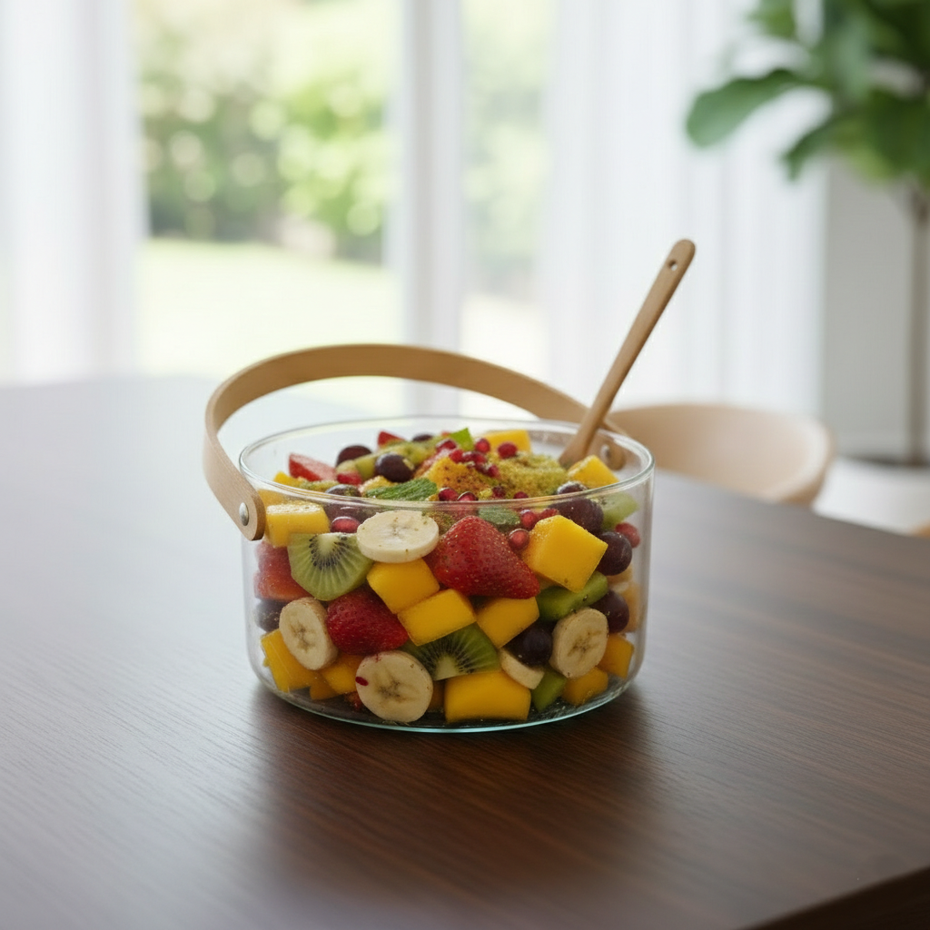Elegant Glass Serving Bowl with Wood Handle (1161) - All-In-One Store Pakistan