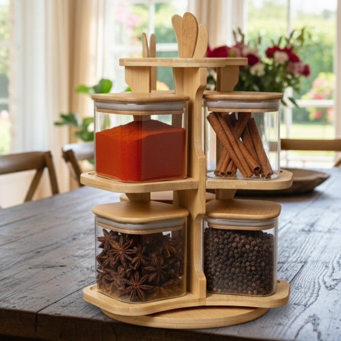 360° Bamboo & Glass Culinary Carousel with Square Jars (1135) - All-In-One Store Pakistan