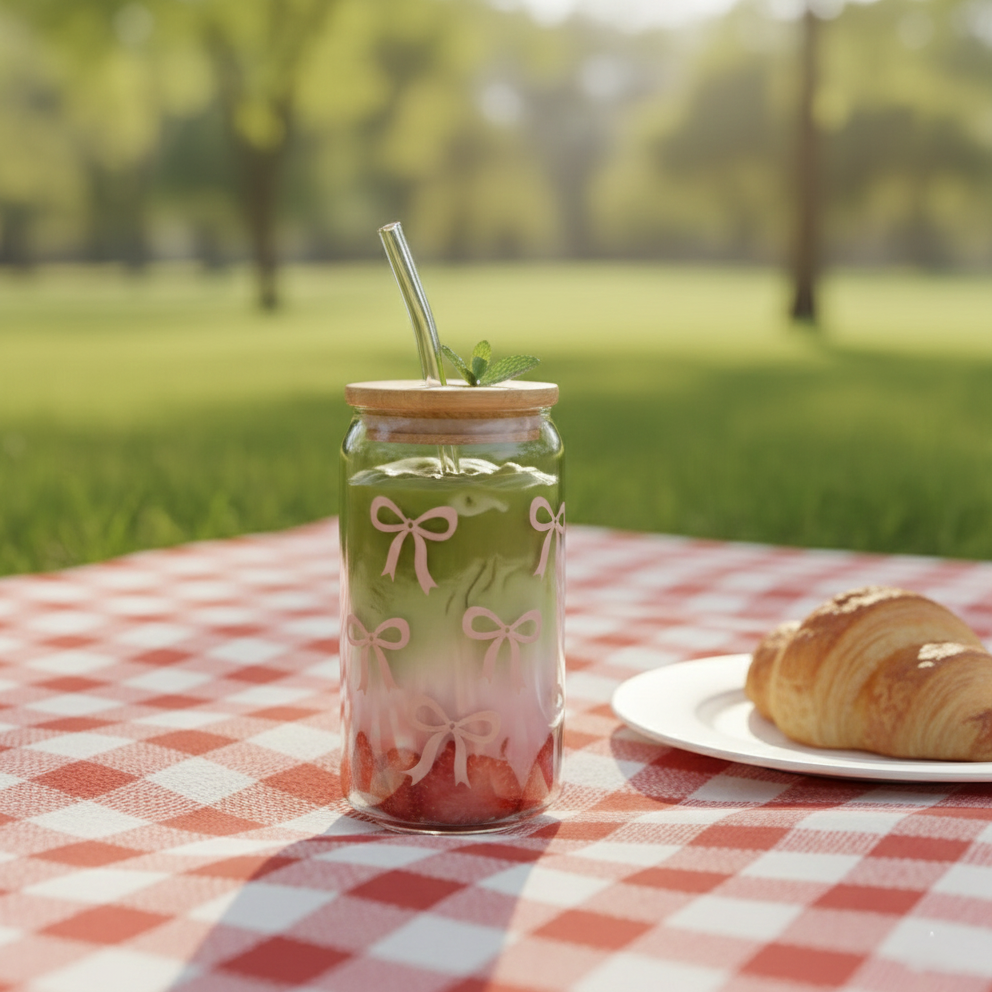 Printed Bow Glass Tumbler with Straw - All-In-One Store Pakistan