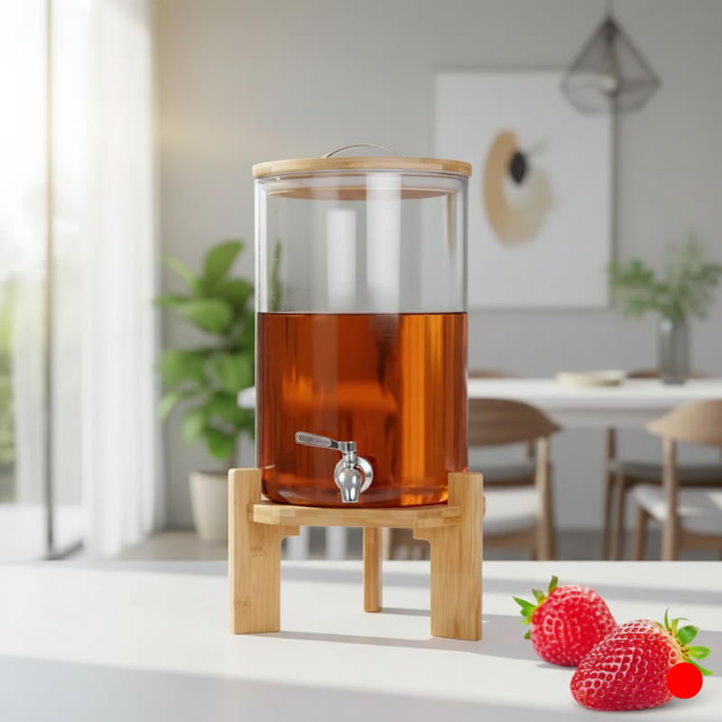 SunriseAmber Glass Dispenser with Airtight Lid and Bamboo Stand - All-In-One Store Pakistan