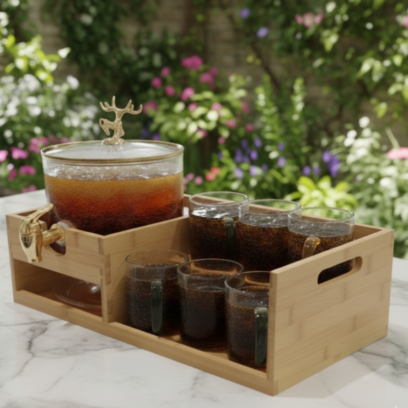 Echou GoldenDeer Glass Dispenser Set with Wooden Stand & 6 Glasses - All-In-One Store Pakistan