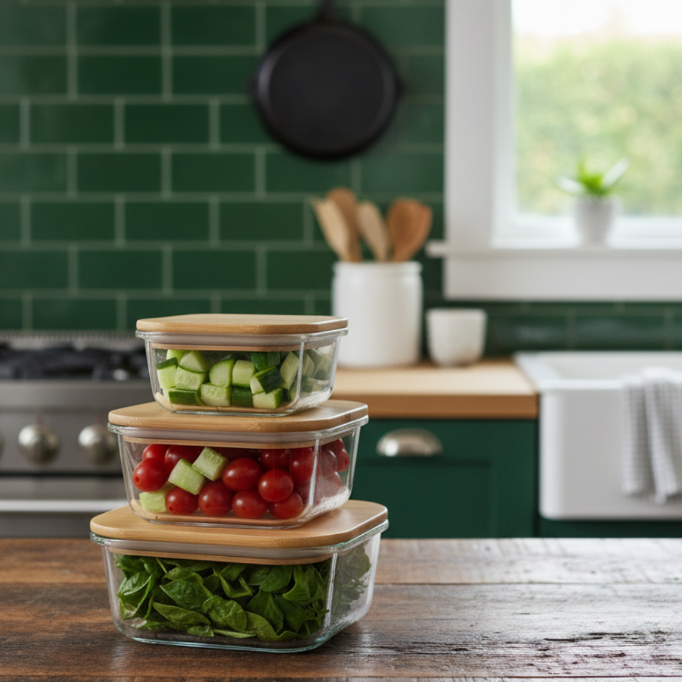 3Pcs Airtight Bamboo-Lid Glass Bowls Set (1144) – Square - All-In-One Store Pakistan