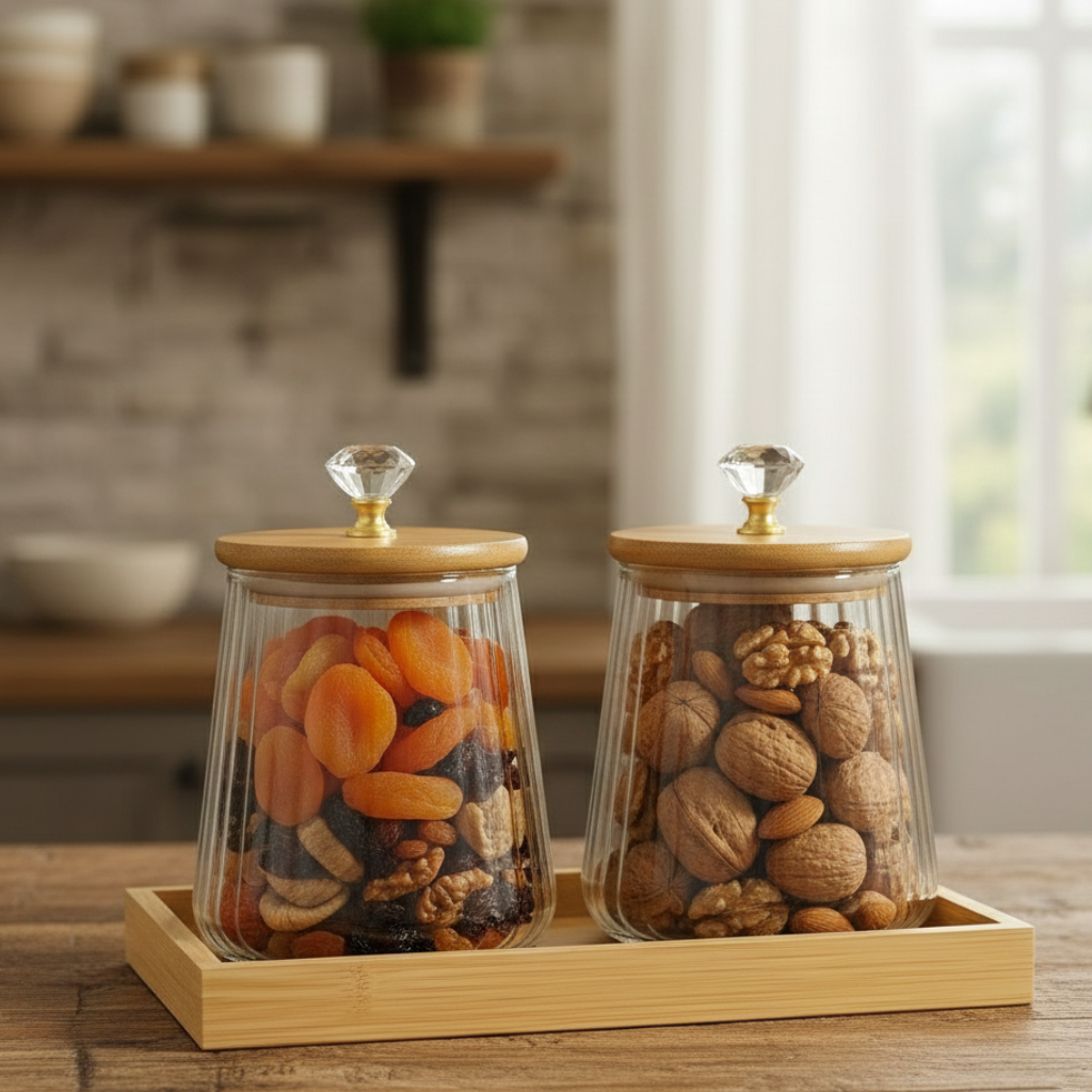 OakNest Glass Canister Set with Wooden Tray (1115) - All-In-One Store Pakistan