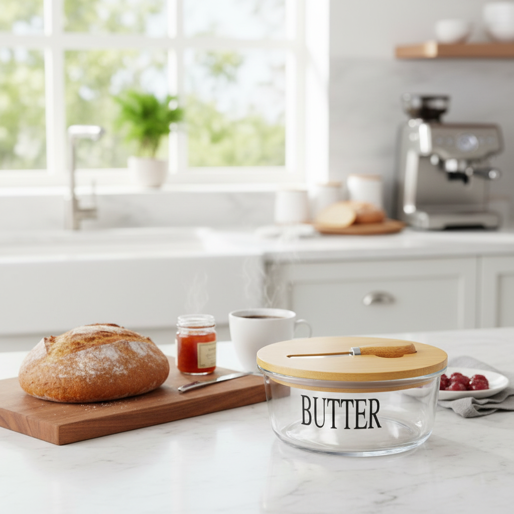 Round Butter Keeper with Bamboo Lid & Knife - All-In-One Store Pakistan