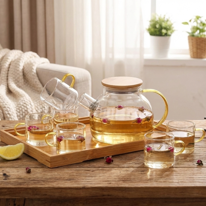 KehwaElegance Glass Set with Wooden Tray - All-In-One Store Pakistan