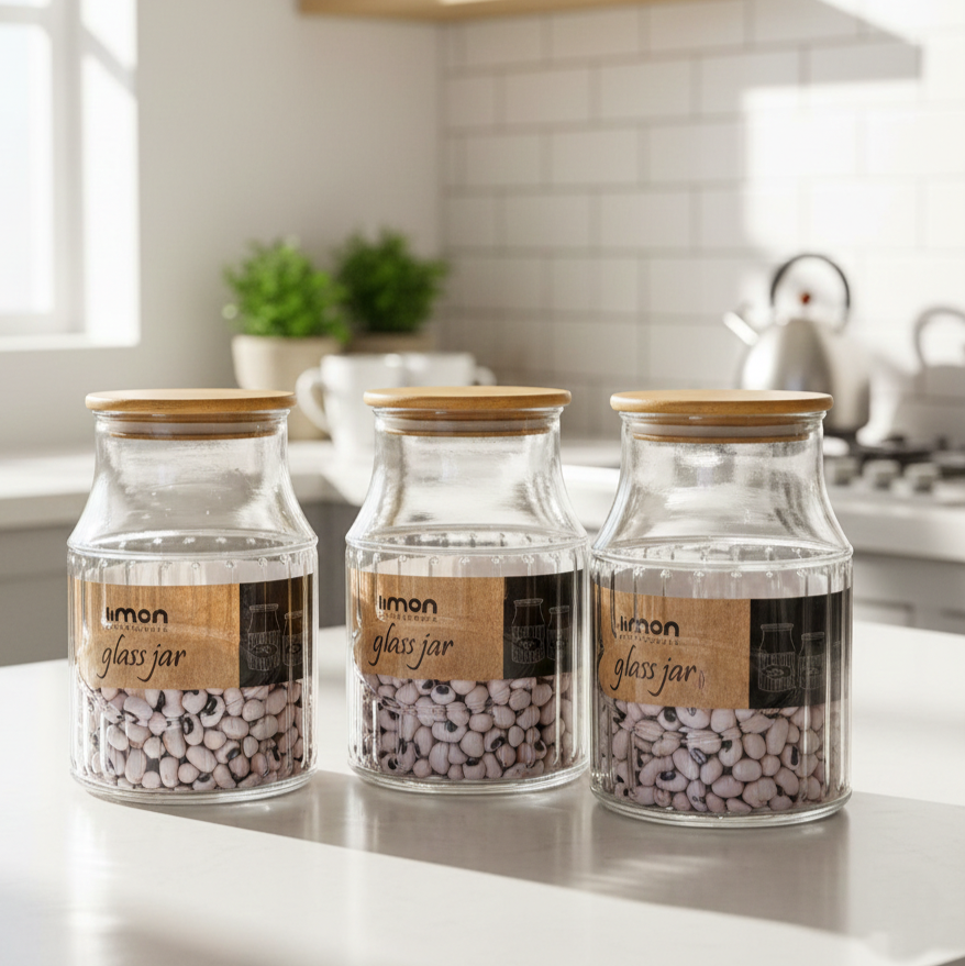 3-Pcs 1200ml Home Made Glass Jars Set with Airight Lids (2261) by Limon - All-In-One Store Pakistan
