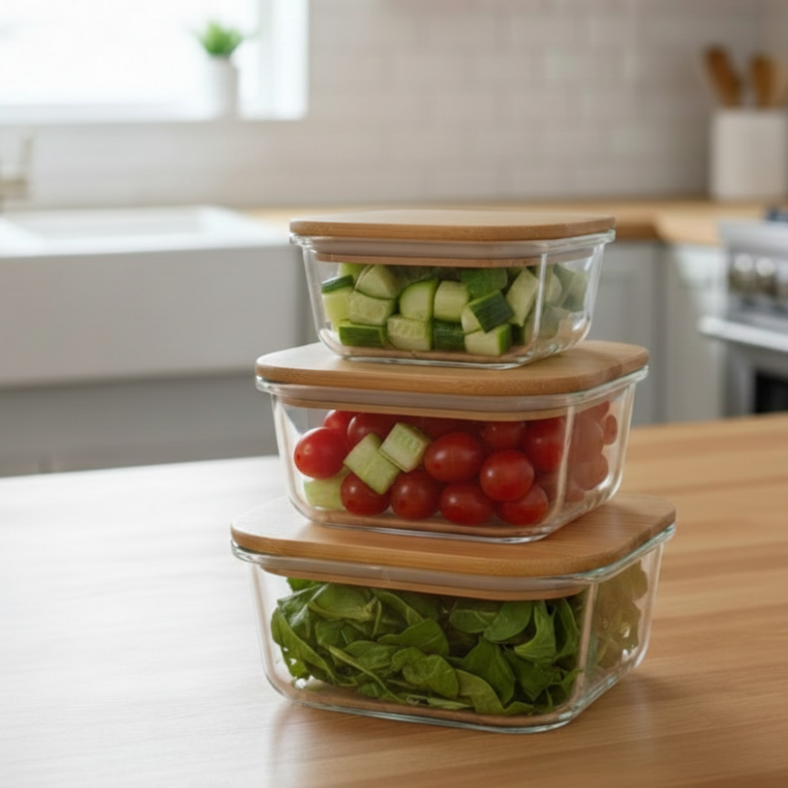 3Pcs Airtight Bamboo-Lid Glass Bowls Set (1144) – Square - All-In-One Store Pakistan