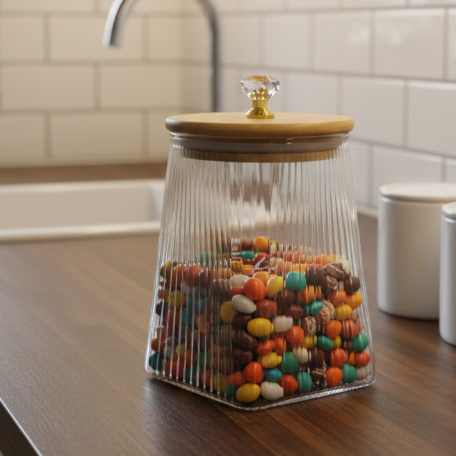 Ribbed Airtight Glass Jar with Bamboo Lid & Crystal Knob - All-In-One Store Pakistan
