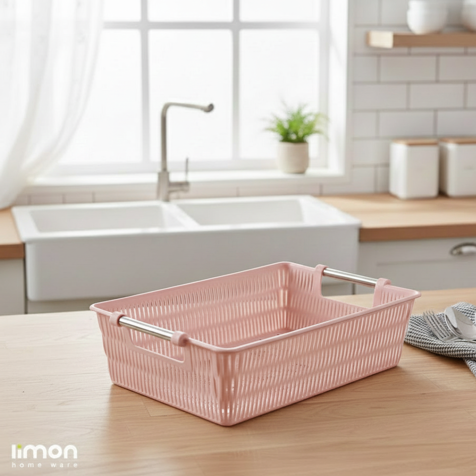 Multipurpose Rectangle Bamboo Basket with Steel Handles by Limon - All-In-One Store Pakistan