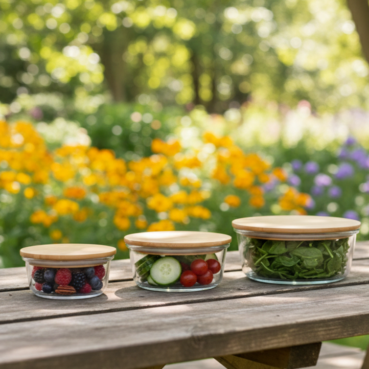 3Pcs Airtight Bamboo-Lid Glass Bowls Set (1145) – Round - All-In-One Store Pakistan