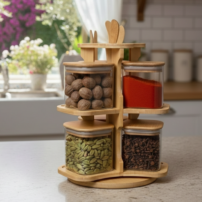360° Bamboo & Glass Culinary Carousel with Square Jars (1135) - All-In-One Store Pakistan