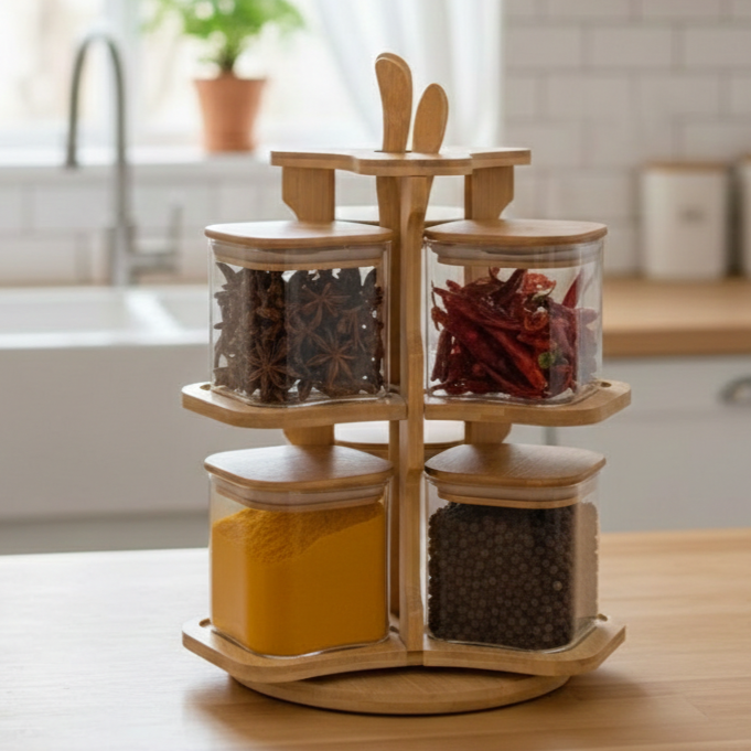 360° Bamboo & Glass Culinary Carousel with Square Jars (1135) - All-In-One Store Pakistan