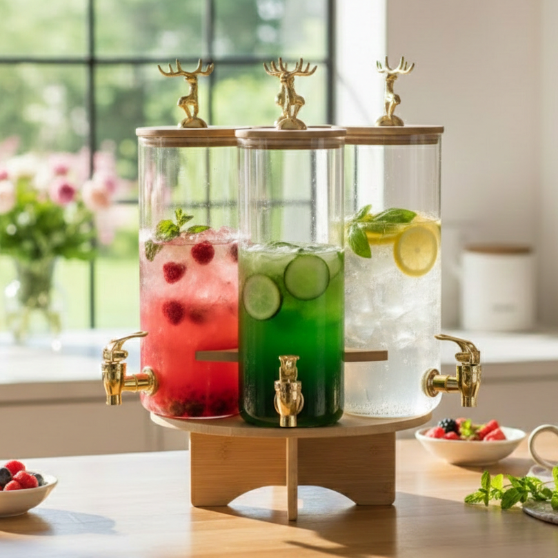 3-Pcs TintedGlass Square Beverage Dispenser Set with Rotatable Wooden Stand (1148) - All-In-One Store Pakistan