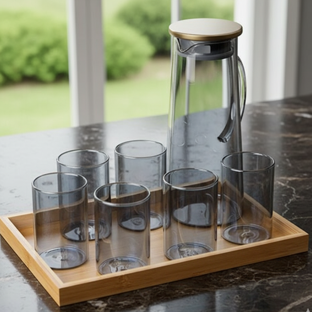 Echou 8-Pieces Pitcher & Glass Set with Bamboo Tray - All-In-One Store Pakistan