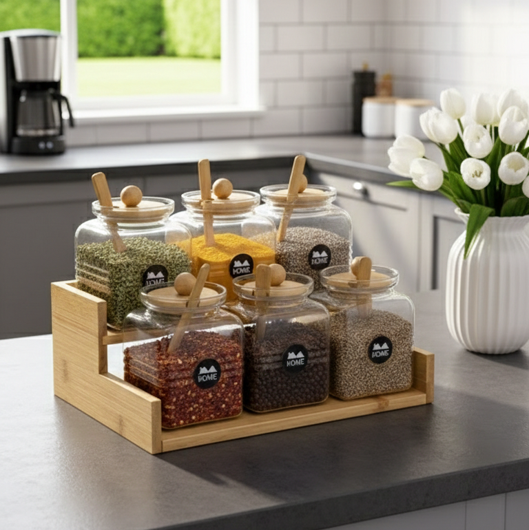 2-Tier Bamboo Spice Rack with Glass Jars & Wooden Spoons (1133) - All-In-One Store Pakistan