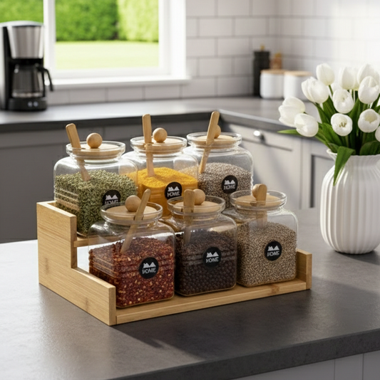 2-Tier Bamboo Spice Rack with Glass Jars & Wooden Spoons (1133) - All-In-One Store Pakistan