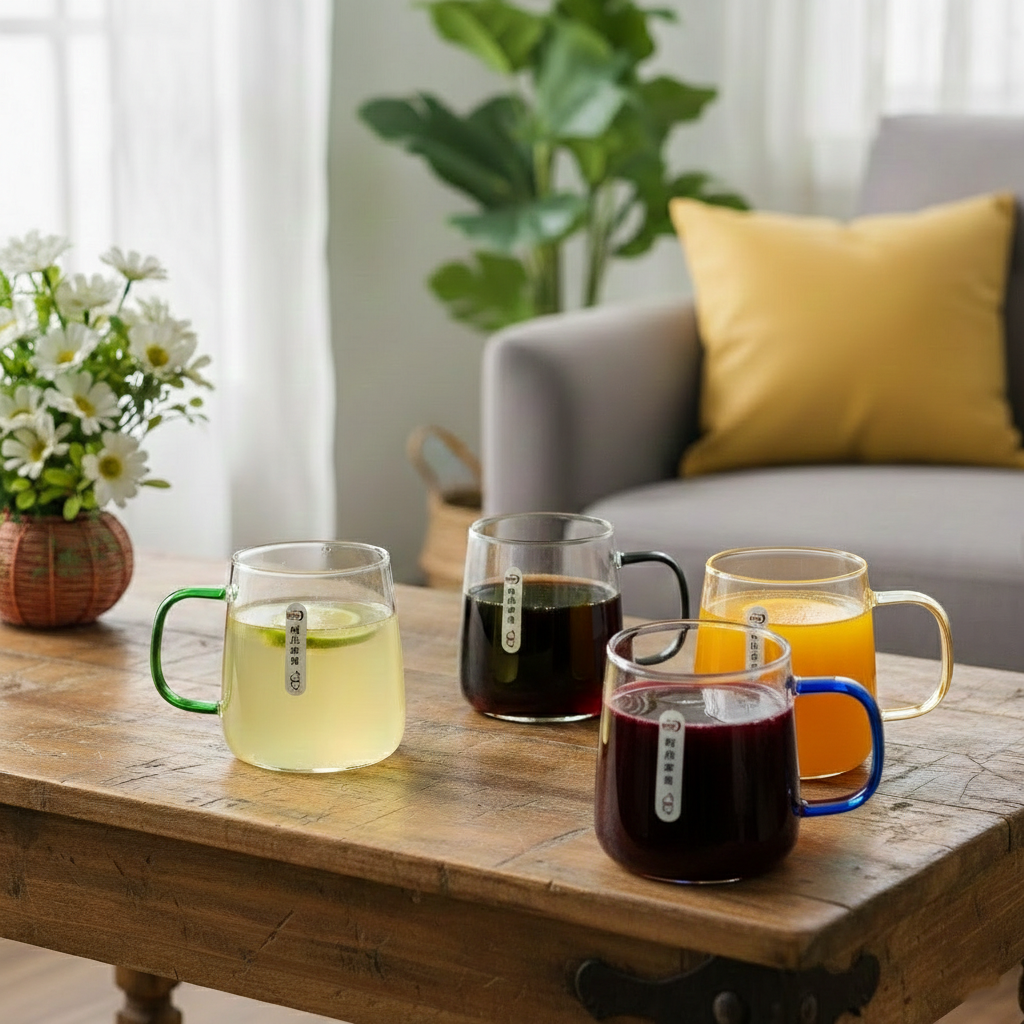 4-Pcs Glass Mugs with Colorful Handles (1149) - All-In-One Store Pakistan
