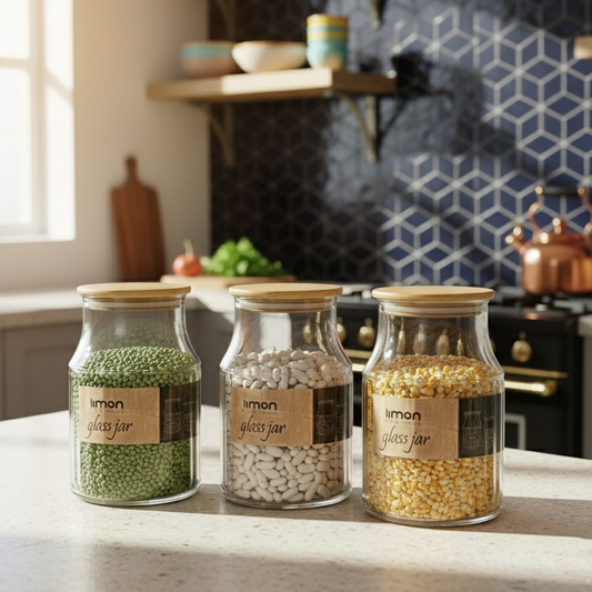 3-Pcs 1200ml Home Made Glass Jars Set with Airight Lids (2261) by Limon - All-In-One Store Pakistan