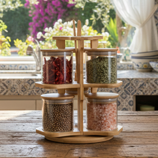 360° Bamboo & Glass Culinary Carousel with Round Jars (1134) - All-In-One Store Pakistan