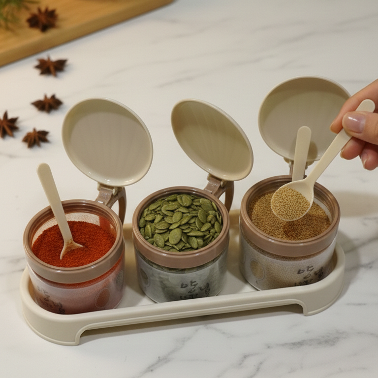 Round 3-Pcs Glass Spice Jars with Plastic Lid & Stand - All-In-One Store Pakistan