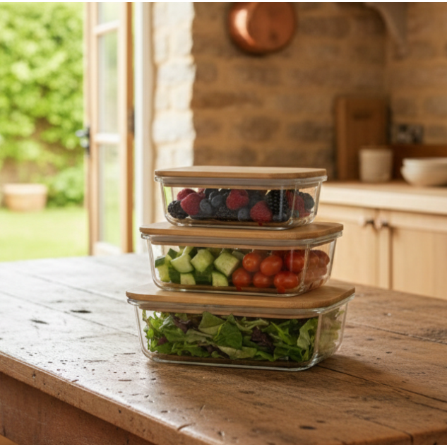 3Pcs Airtight Bamboo-Lid Glass Bowls Set (1146) – Rectangle - All-In-One Store Pakistan