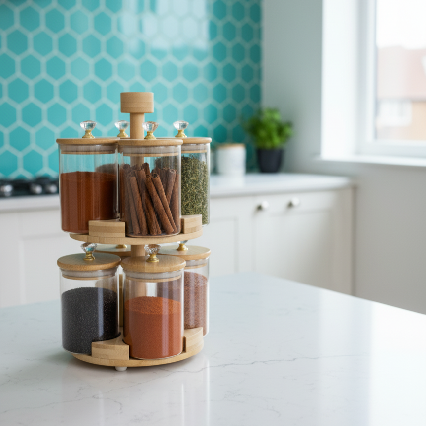 360° Rotating 2-Tier BambooLuxe Spice Tower (1108) - All-In-One Store Pakistan